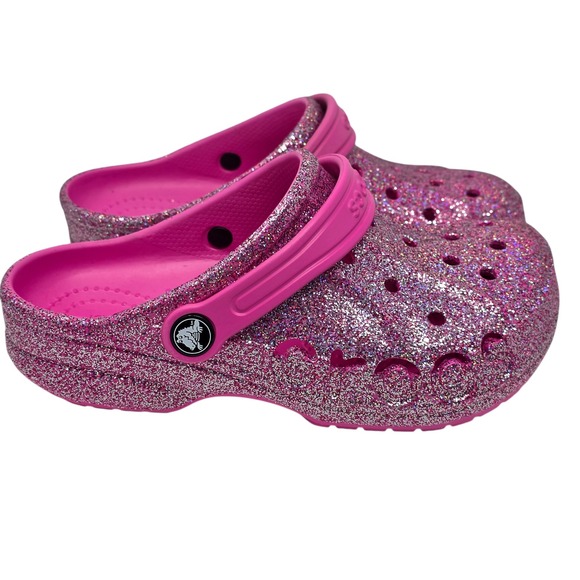 Crocs Baya Glitter Clog K Kids Size J2 Pink Sparkle Iconic Comfort Shoes - Picture 6 of 8